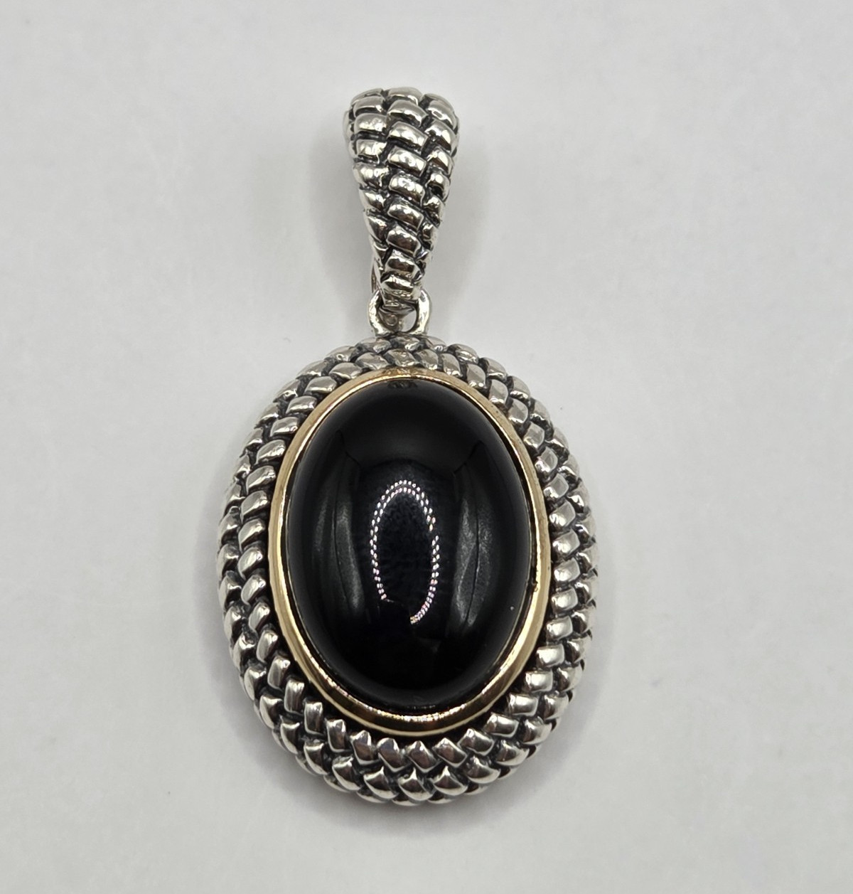 925 Sterling Silver Oval Black Onyx With 14k Bezel Set Pendant