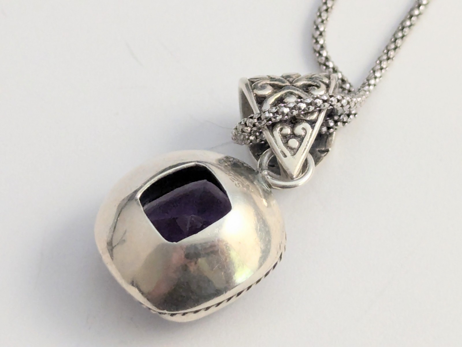 Sterling Silver Cushion Cut Purple Amethyst Filigree Popcorn Link Necklace