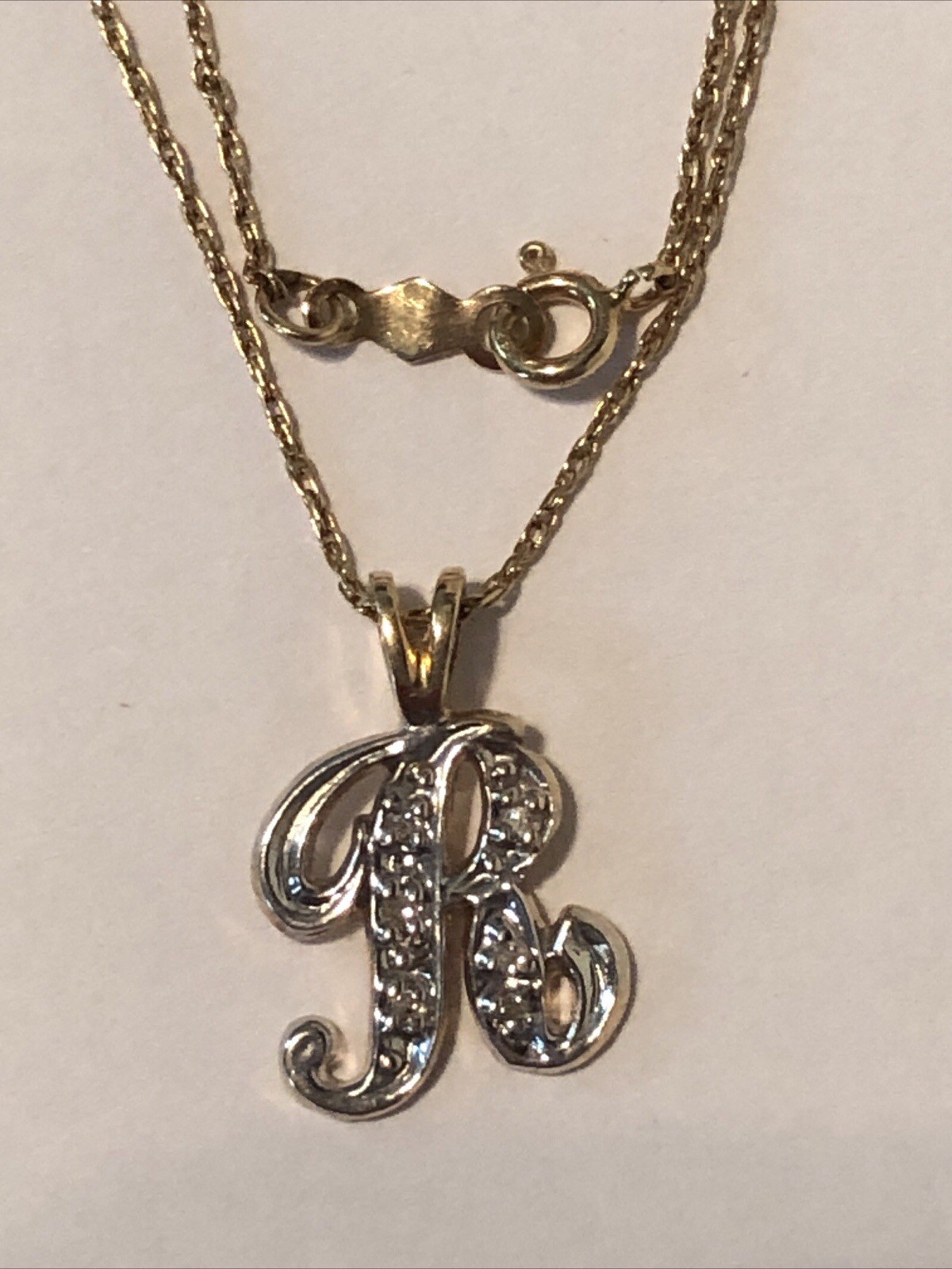 Vintage 14k Yellow Gold Letter R Pendant w/ Diamonds & 14k Gold Chain 18”