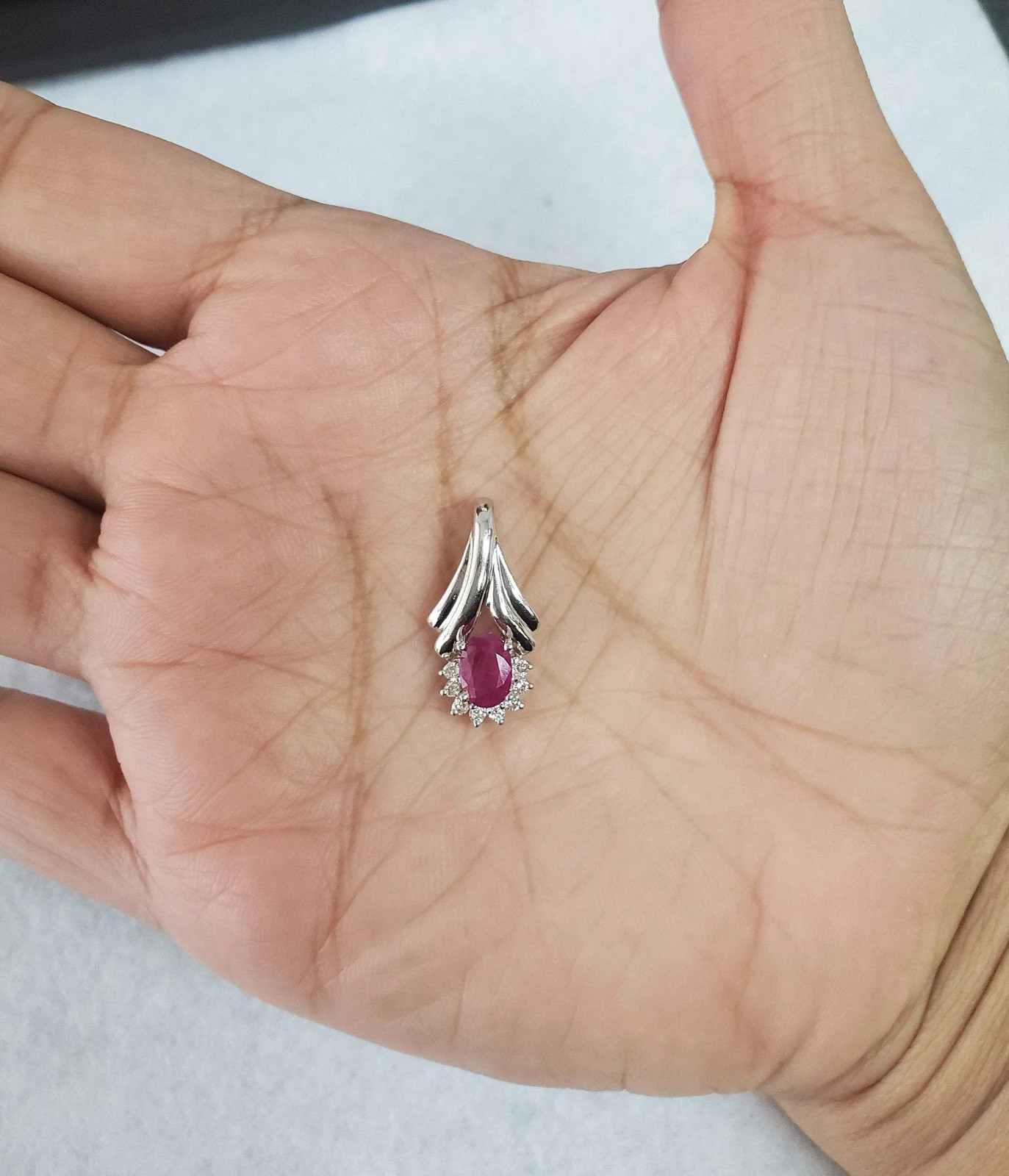 Oval Ruby Diamond Halo Pendant 14k White Gold