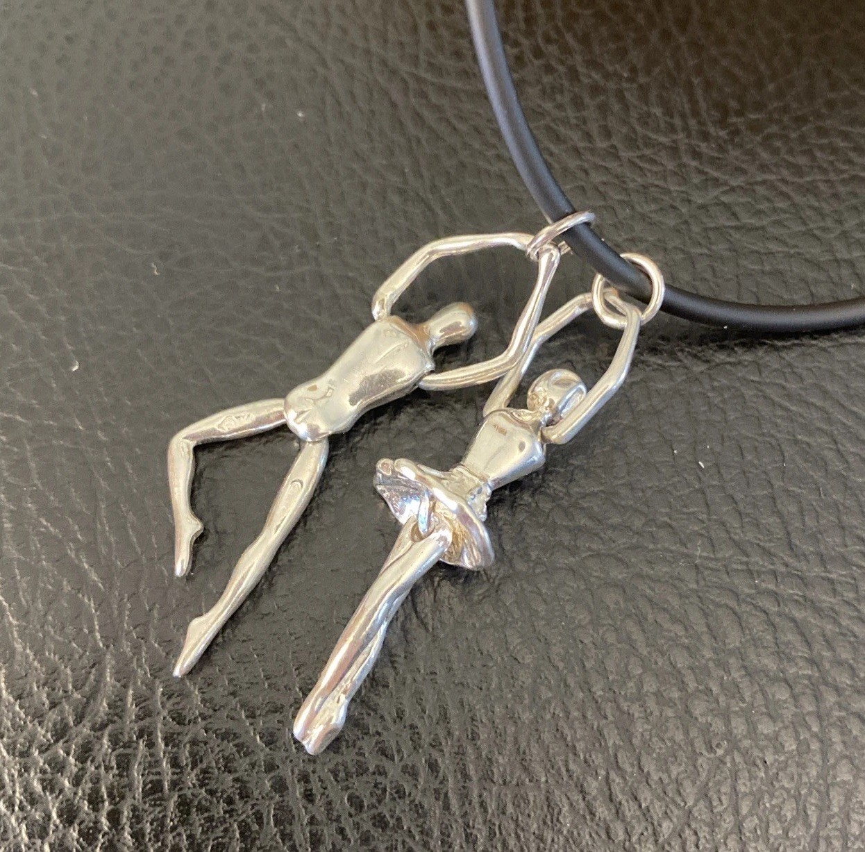Ballet Dancers (2) Sterling Sculptural Pendant Male Female Choker Lobster Clasp