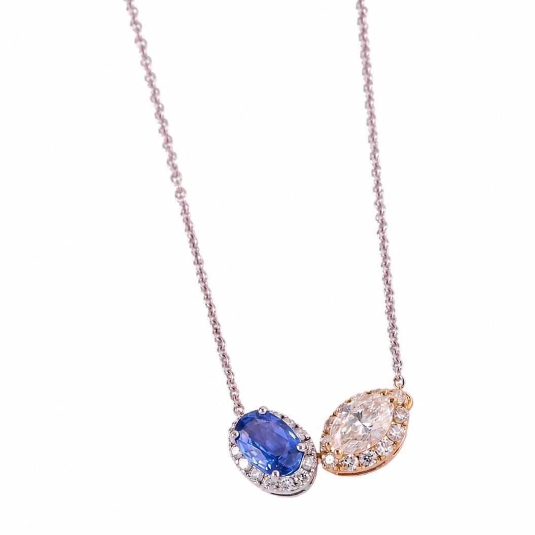 0.49 ct Natural Sapphire Two Stone Halo Necklace 14K Gold 14k Gold Oval