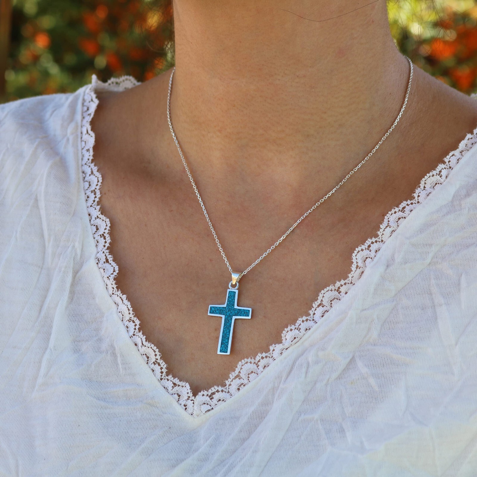 Sterling Silver 925 Blue Turquoise Cross Pendant for Men & Women- No Chain