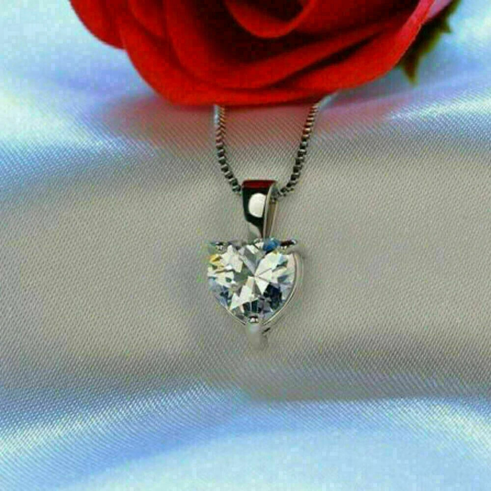 3Ct Heart Cut VVS1/D Diamond Solitaire Pendant 14K White Gold Finish Free Chain