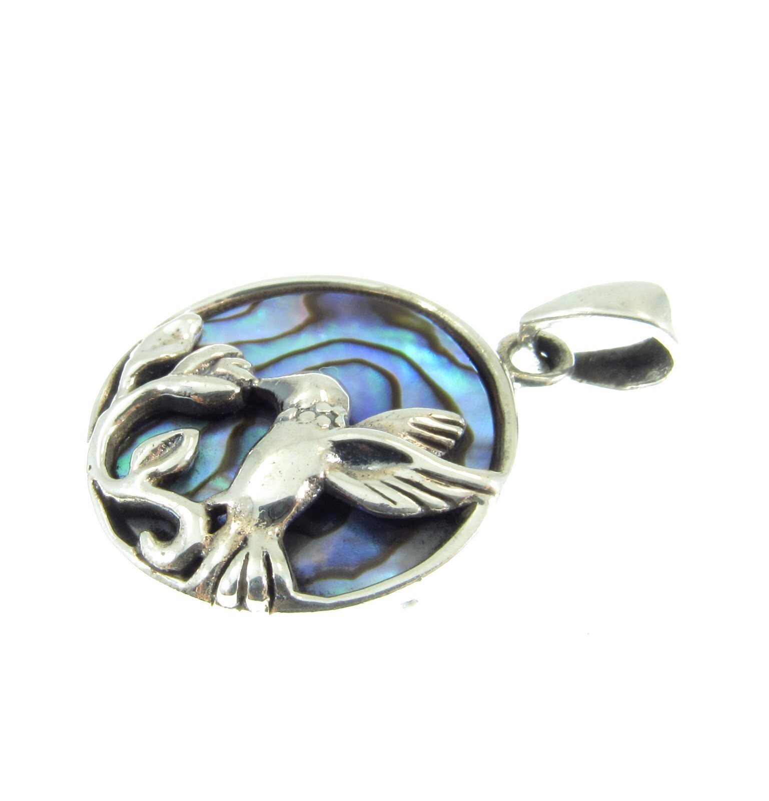 Solid 925 Sterling Silver Hummingbird Flower Pendant w/ Abalone Paua Shell