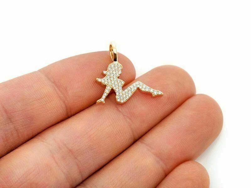 0.80Ct Real Moissanite Mud Flap Girl Trucker Pendant 14K Yellow Gold Plated
