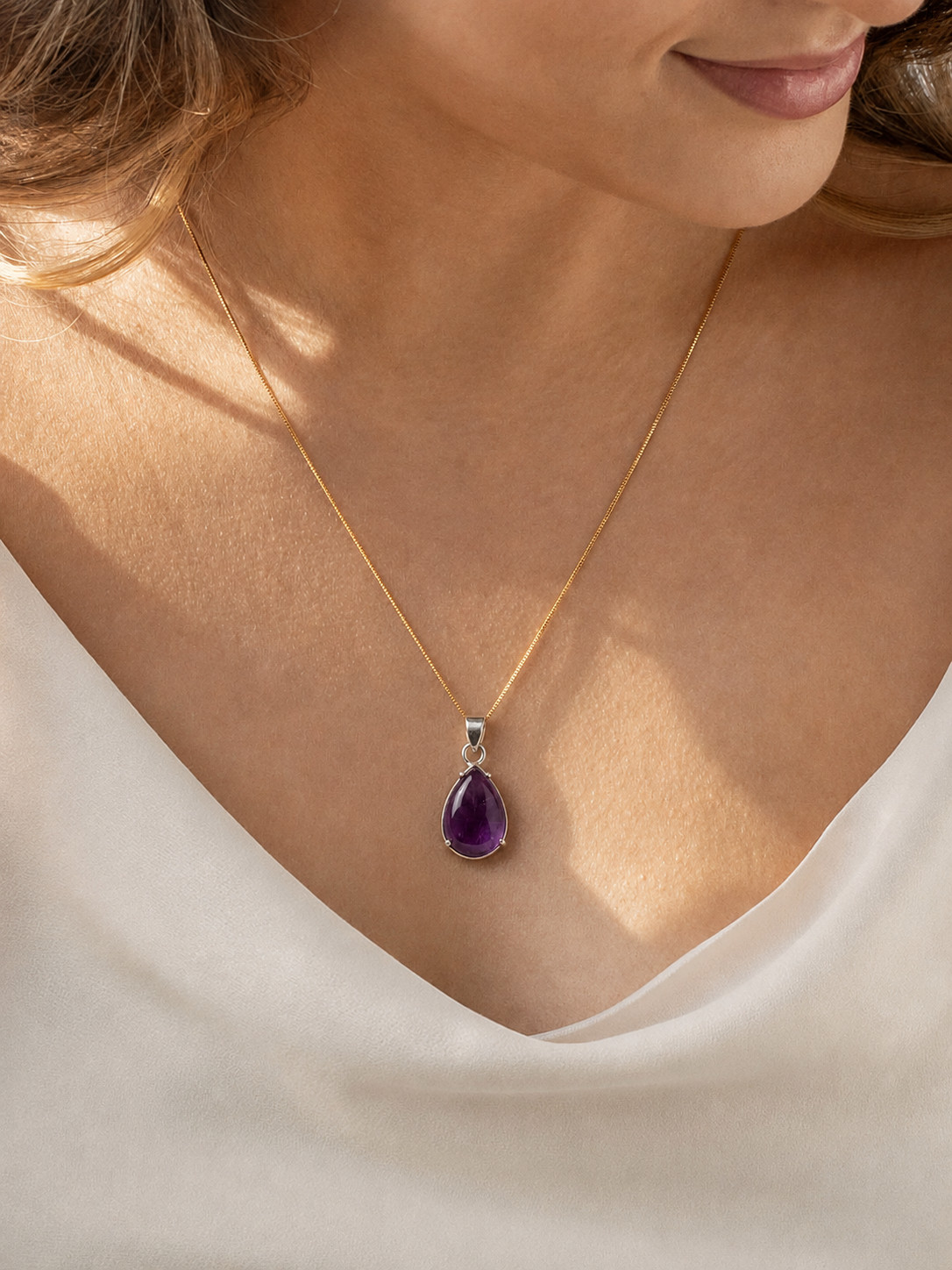 Purple Gemstone Teardrop Pendant Silver Tone Pear Crystal Boho Minimalist Gift