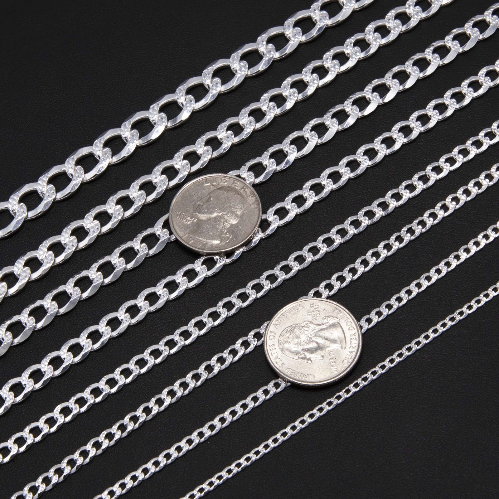 Diamond-Cut Reversible Curb Chain Solid Sterling Silver 925 Italy All Sizes