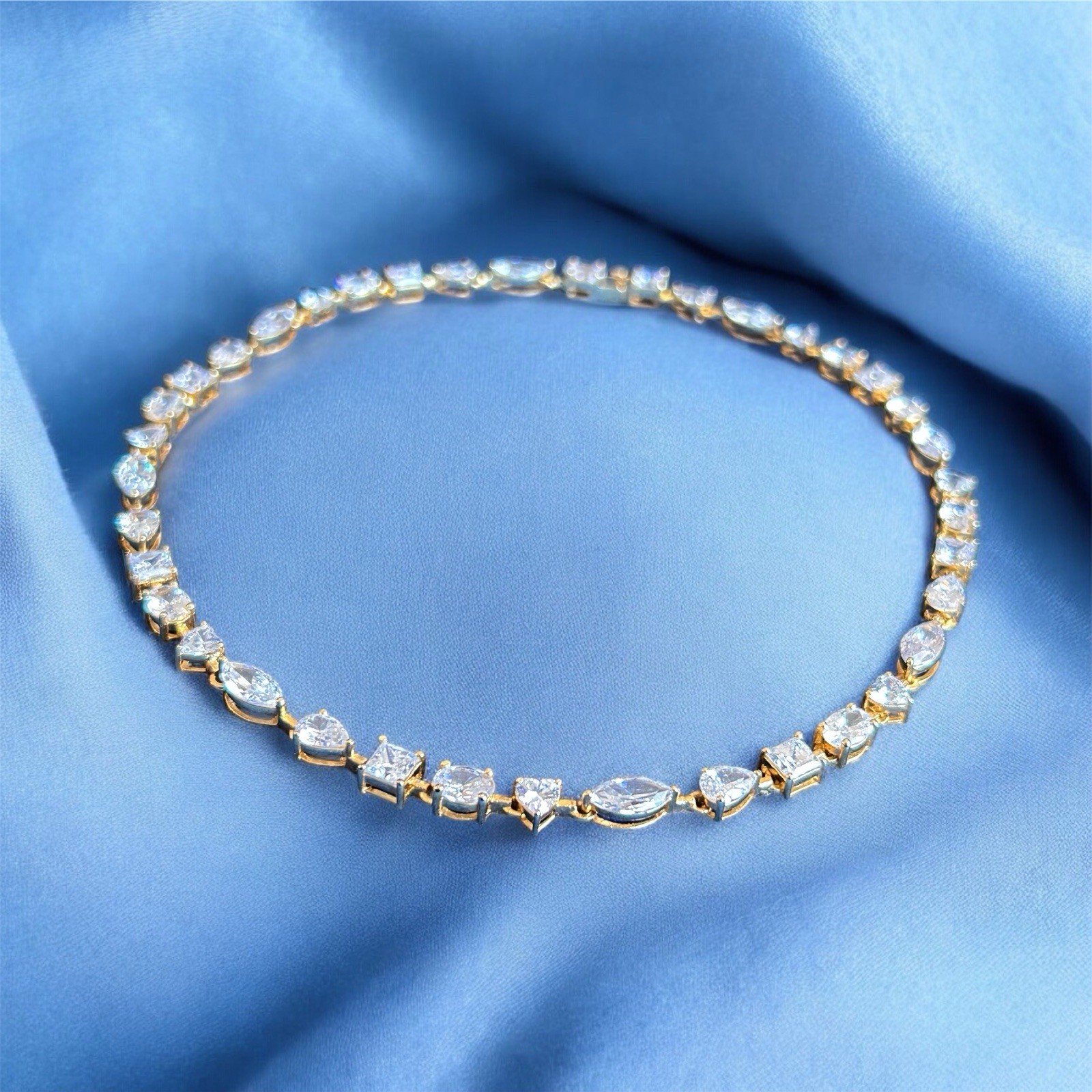 Statement Choker Tennis Necklace Multi-Cut Stones 14K Yellow Gold Plated