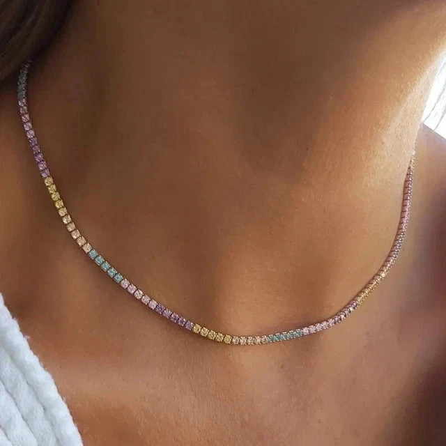 9Ct Round Lab Created Multicolor Sapphire Tennis Necklace 14K Yellow Gold Plated