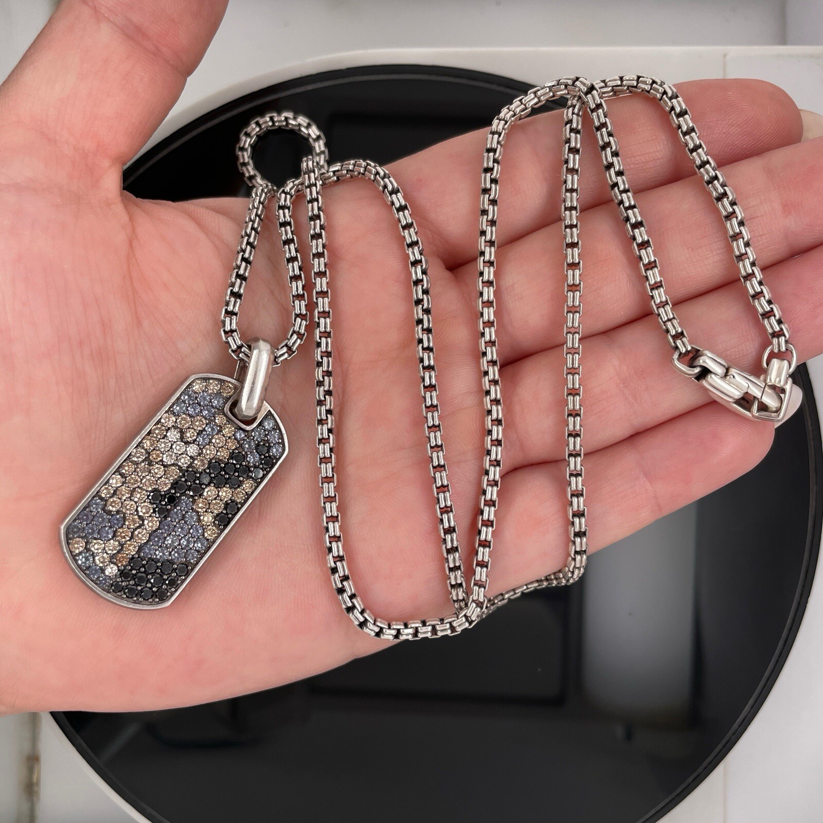 David Yurman Silver Diamonds & Garnets Chevron Tag Pendant Necklace $5000 Retail