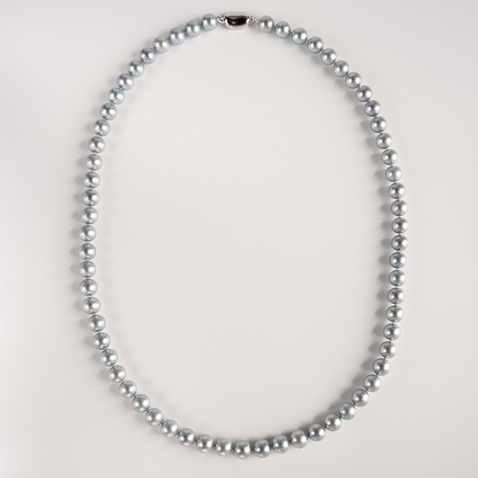 7-7.5mm Round Silver Blue Japanese Akoya Pearl Necklace Sterling Silver, 19.7″