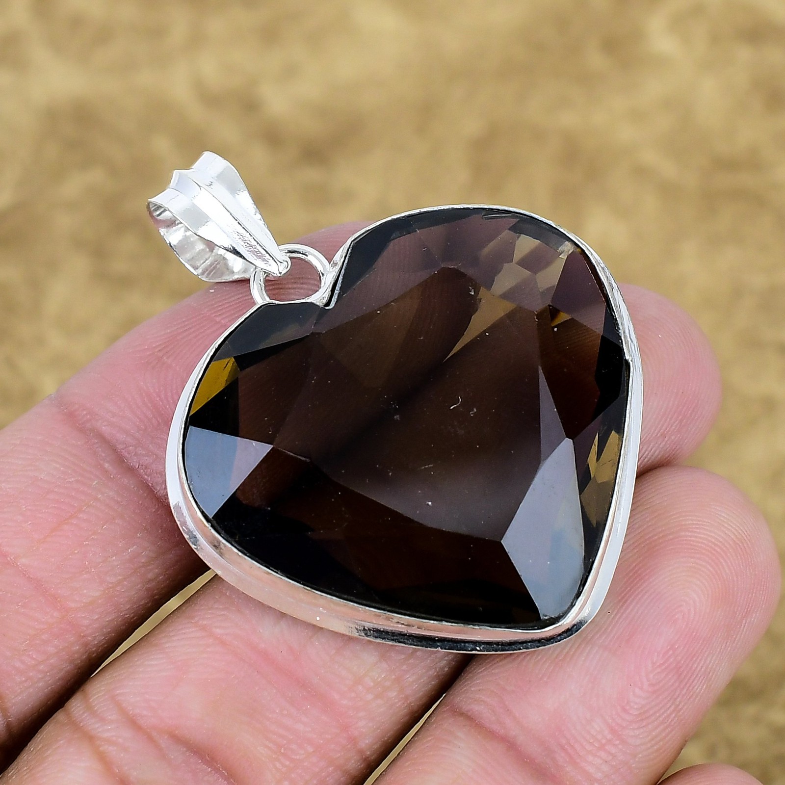 Faceted Smoky Quartz Gemstone Pendant 925 Sterling Silver Handmade Heart Jewelry