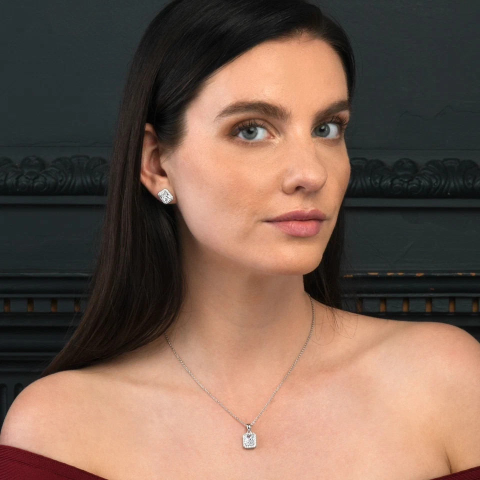 Sterling Silver Emerald White Halo Pendant Necklace for Women