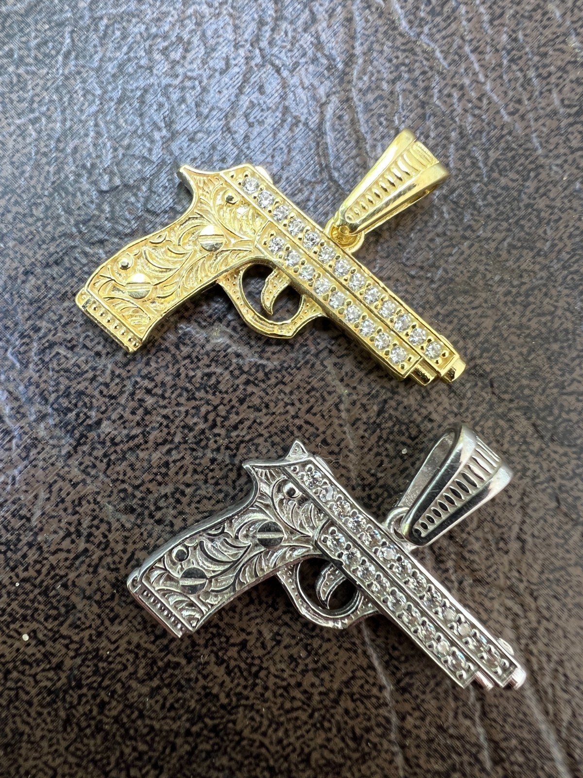 Real 925 Silver / 14k Gold Plated Gun Desert Eagle Pistol Pendant Necklace CZ