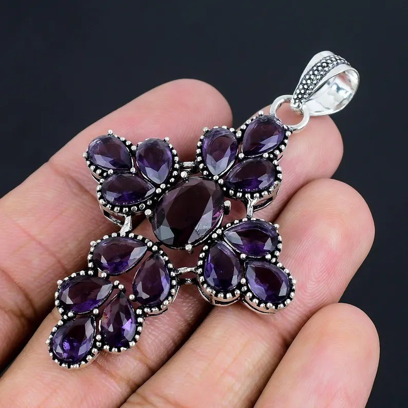 Amethyst Gemstone Cross Pendant 925 Sterling Silver Handmade Jewelry For Gift