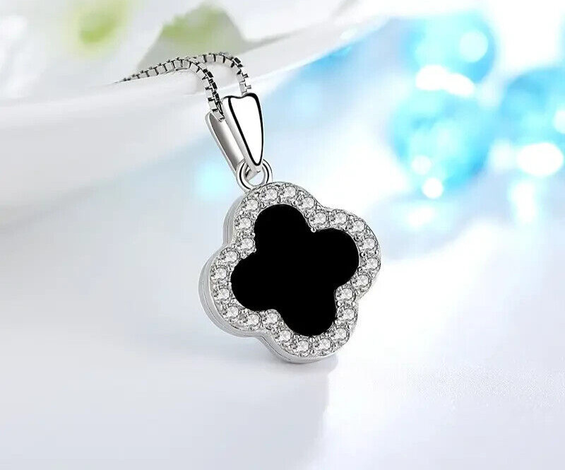 Clover Pendant Necklace Female Solid 925 Silver 0.20Ct Moissanite Black & White