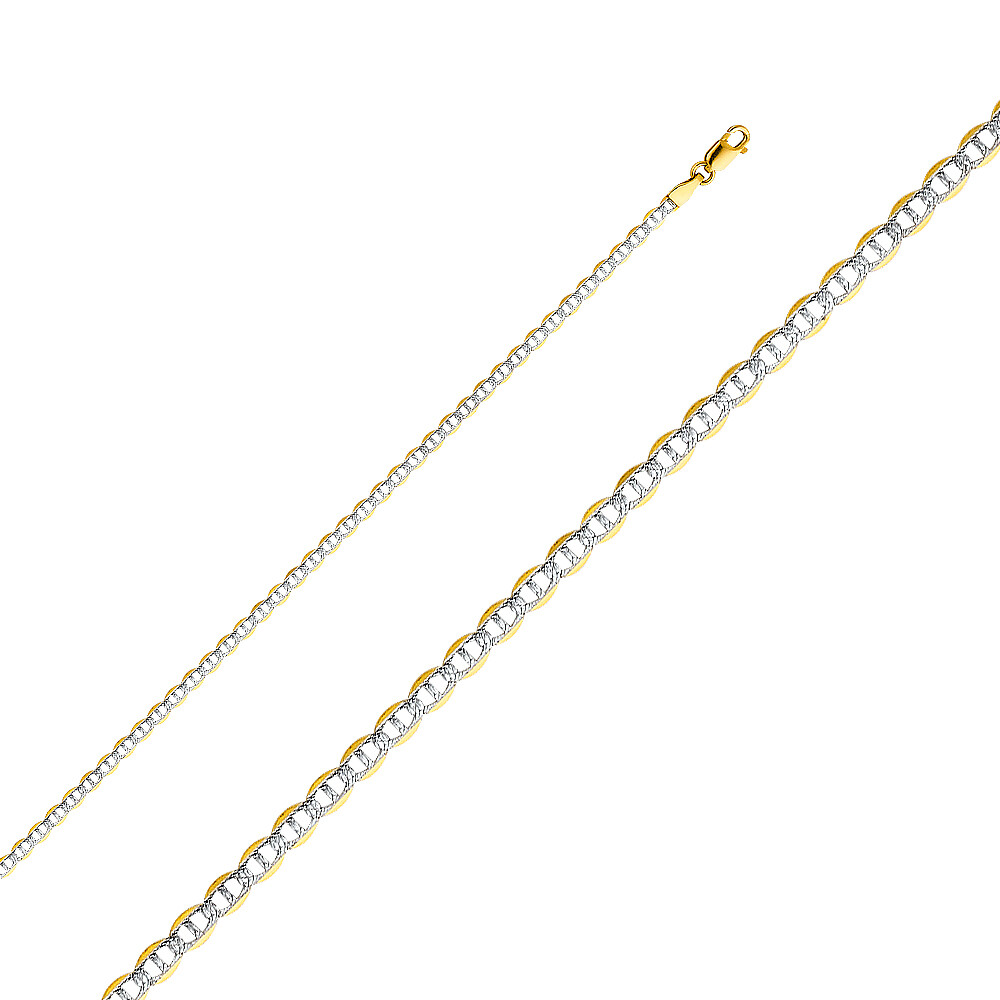 14K Yellow Solid Gold 2.7mm Flat Mariner White Pave Chain Necklace Lobster Clasp