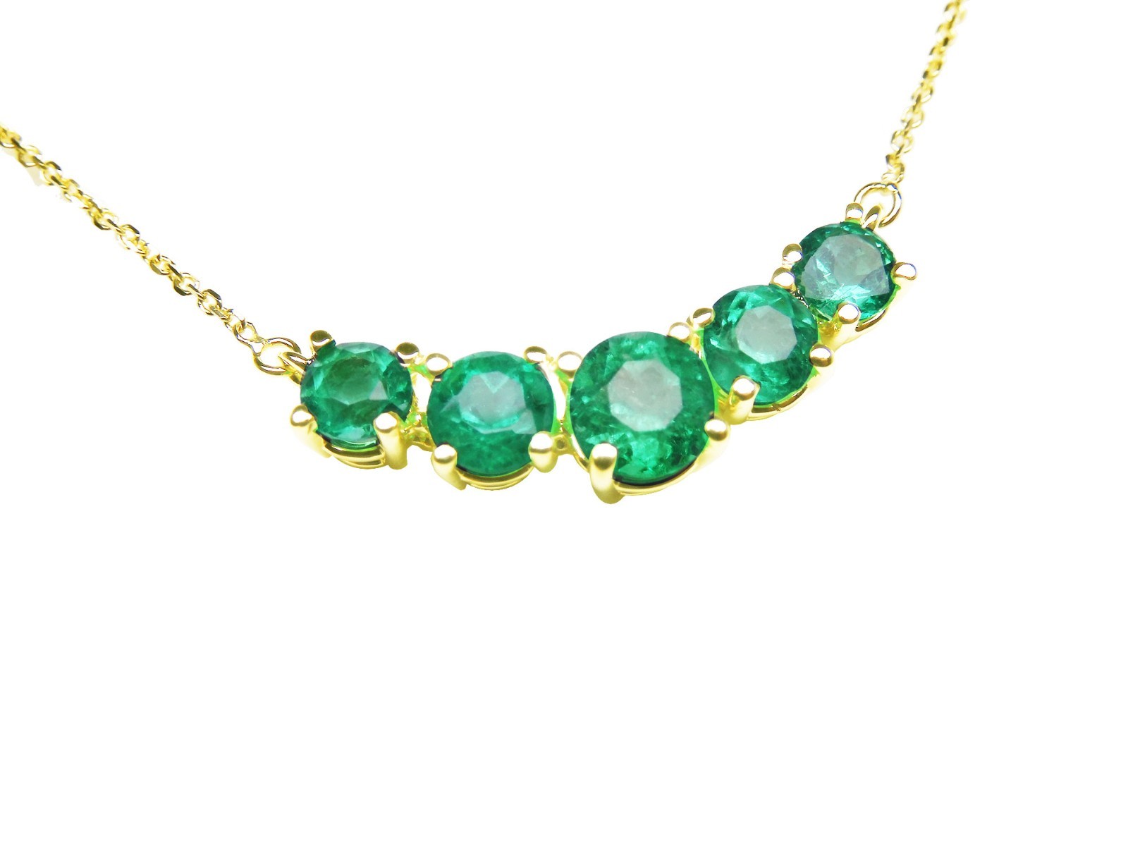 Five Stone Round Cut Colombian Emerald Necklace Solid 14K Yellow Gold