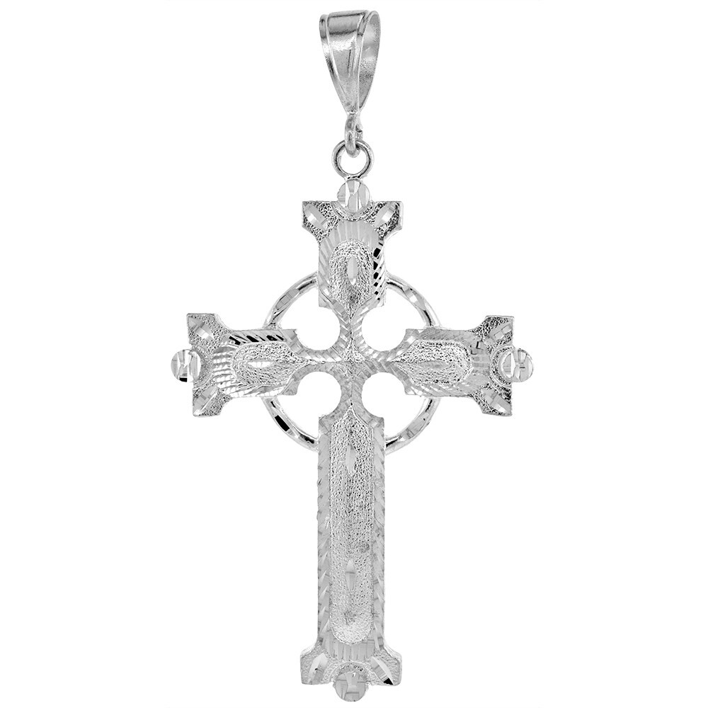 925 Sterling Silver Large Flat Celtic Cross Pendant 3 1/2 Inch (88mm) Tall