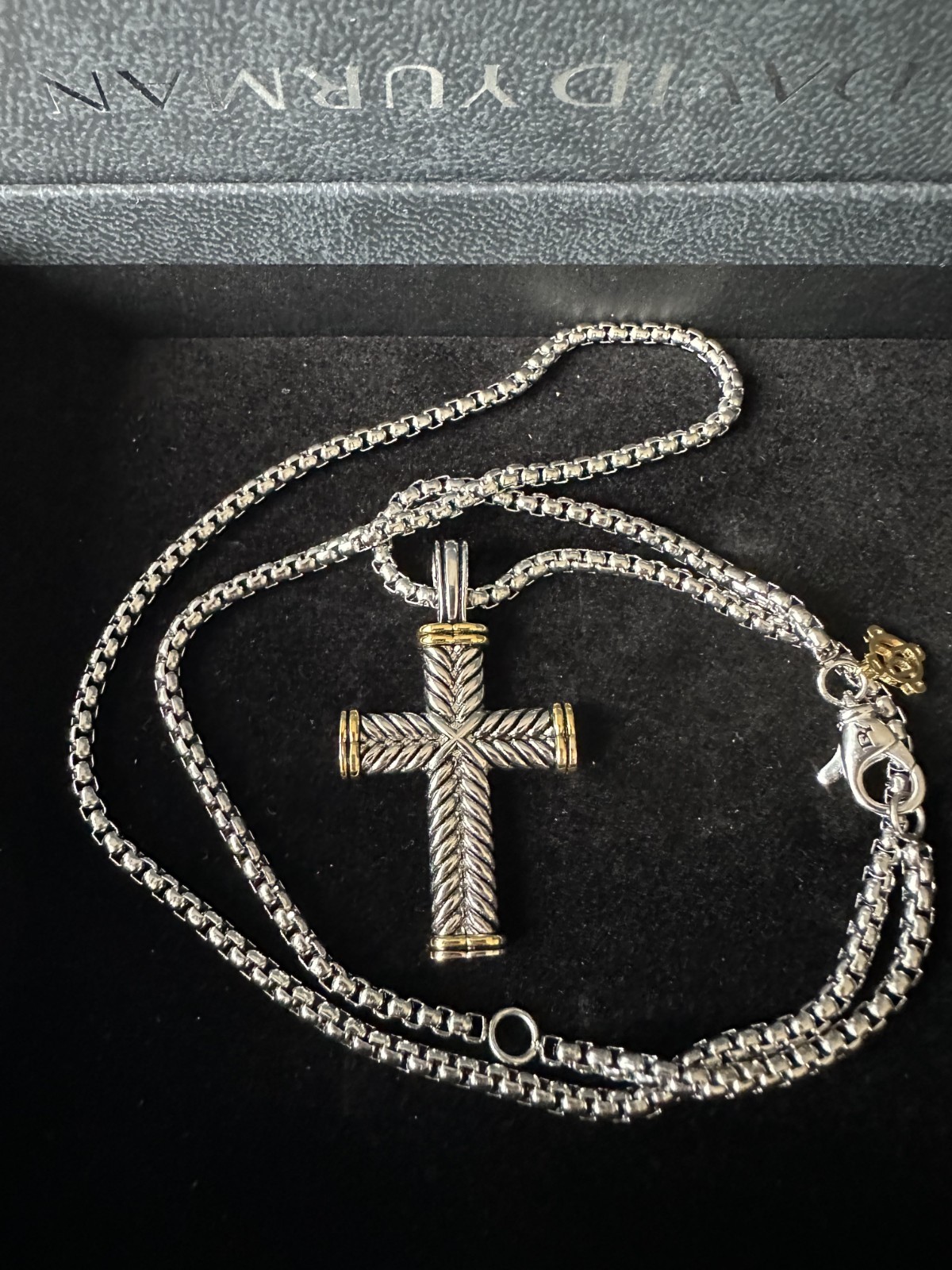 David Yurman Chevron Cross Necklace 925 Sterling Silver & 18K Yellow Gold 19″