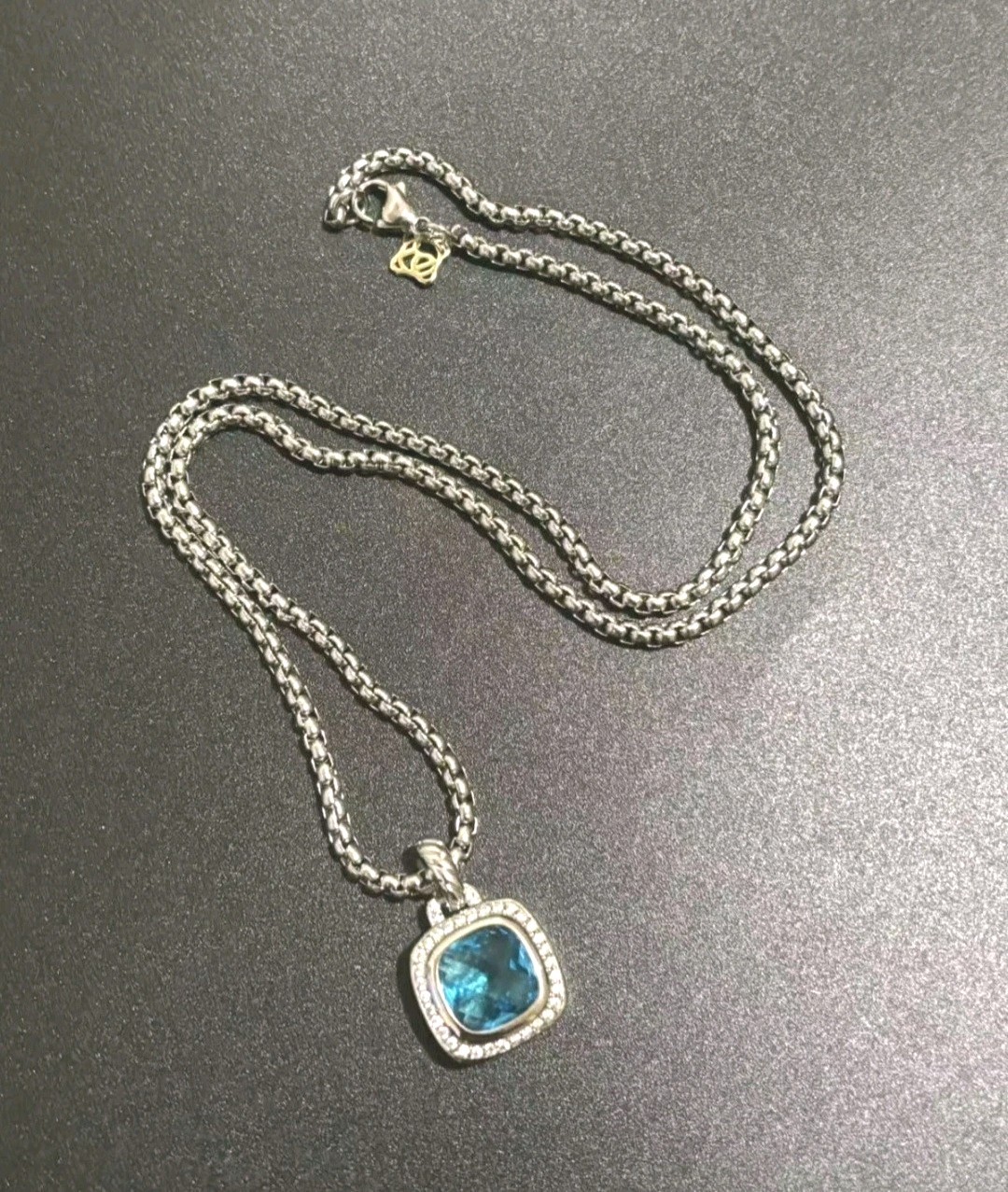 David Yurman Petite Albion Silver, Blue Topaz & Diamonds Pendant & Necklace 19″