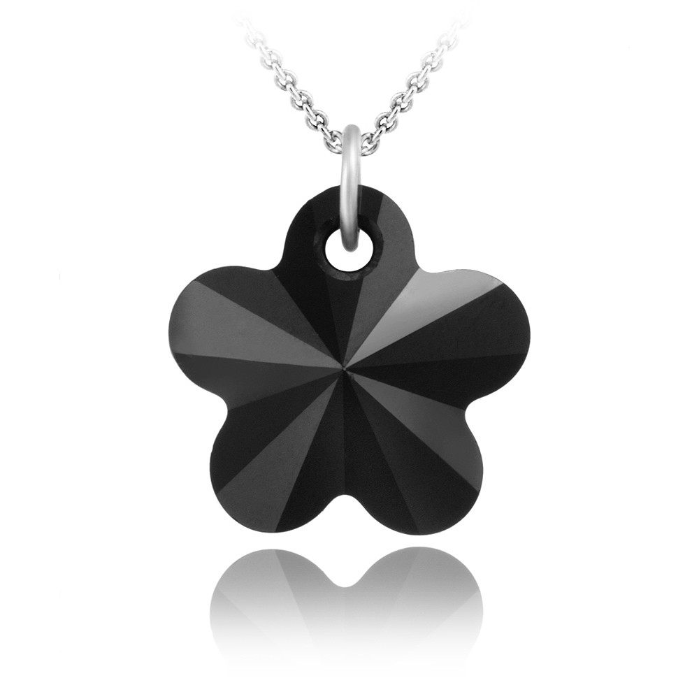 925 Silver Black European Crystals Flower Necklace, 18″