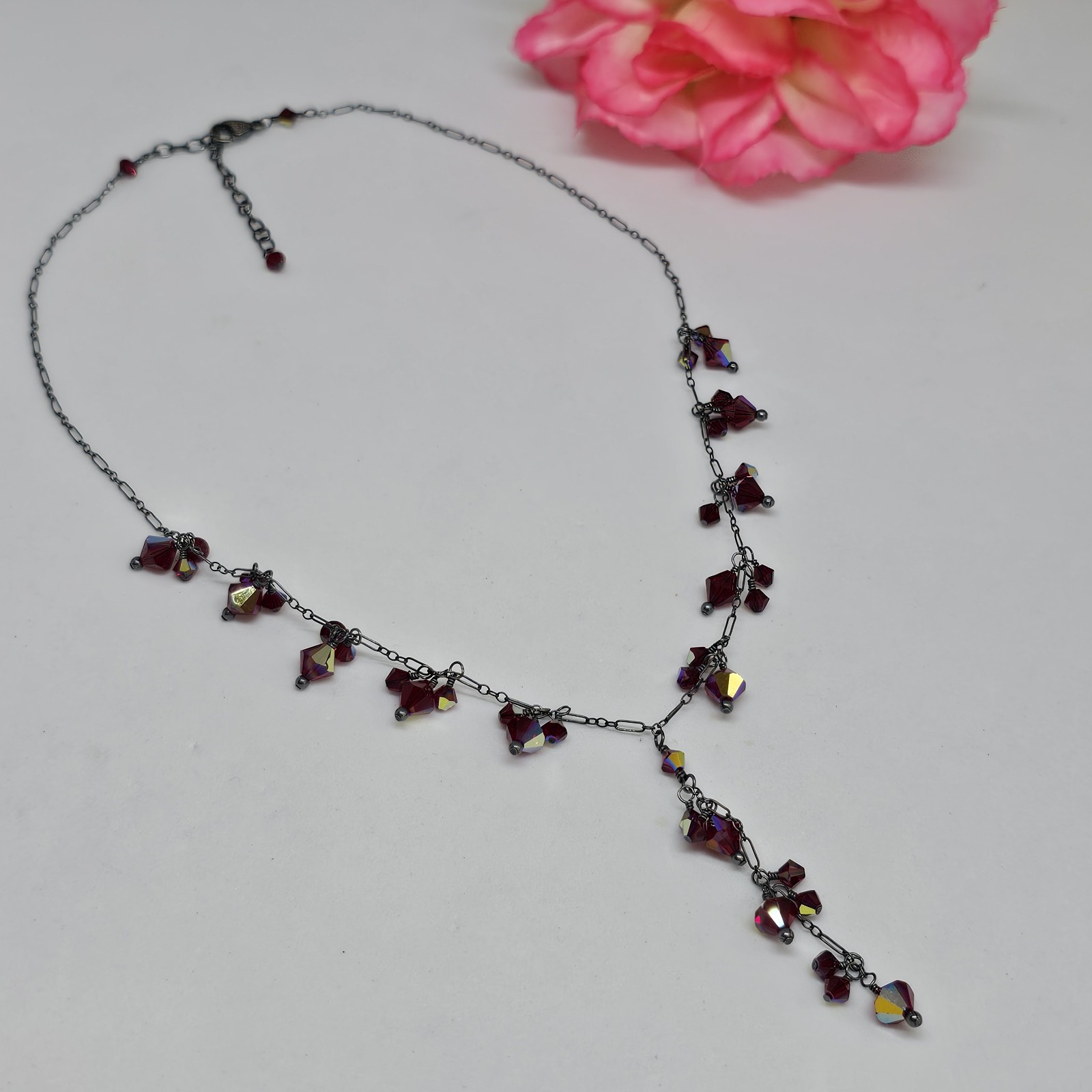 925 Oxidized Sterling Silver – Red Crystal Bead Charms Lariat Chain Necklace