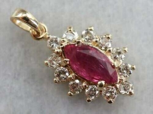 2Ct Marquise Cut Red Ruby Halo Pendant 14K Yellow Gold Finish 18” Free Chain