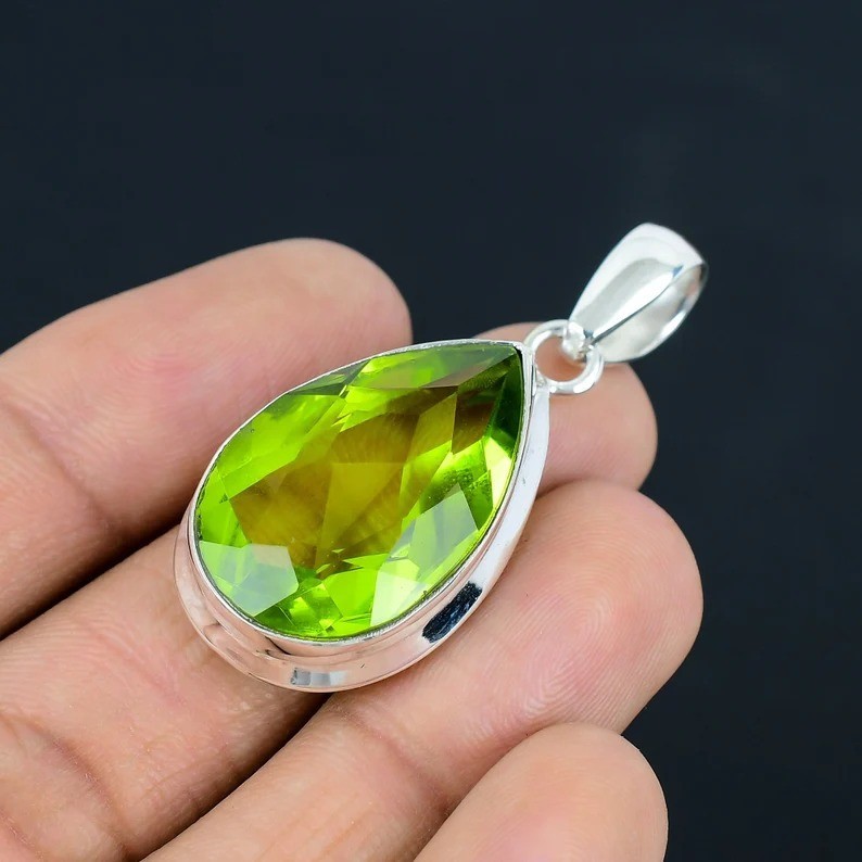 Handmade Green Peridot Pear Gemstone Pendant: 925 Sterling Silver Jewelry