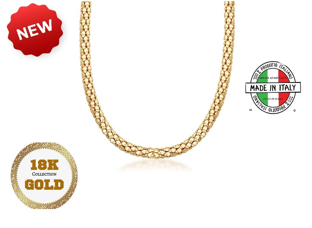 Italian 18K GP Popcorn Mesh Necklace 18in 7mm Woven Modern Luxurious Elegant New