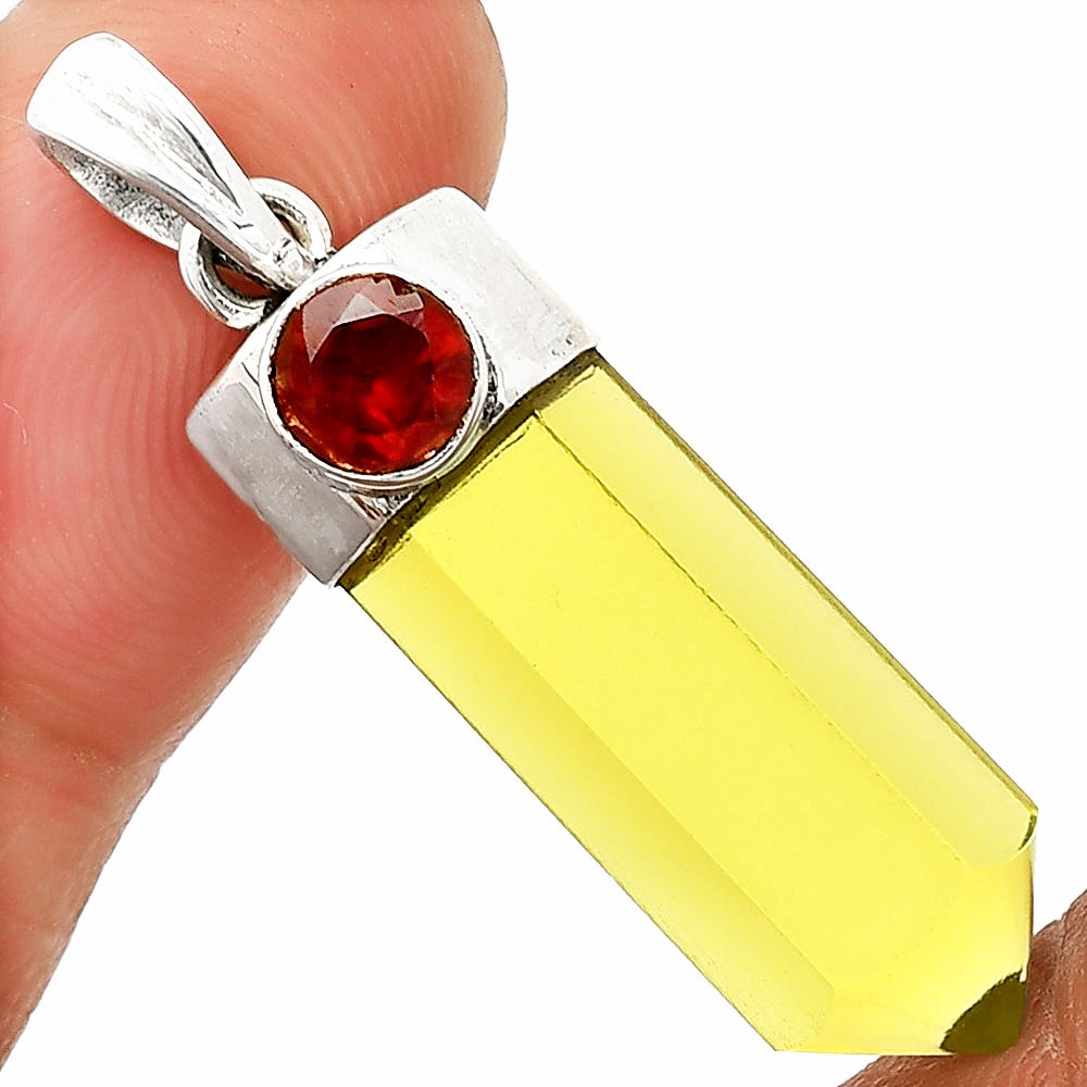 Natural Lemon Quartz Point & Garnet 925 Sterling Silver Pendant Jewelry P-1107