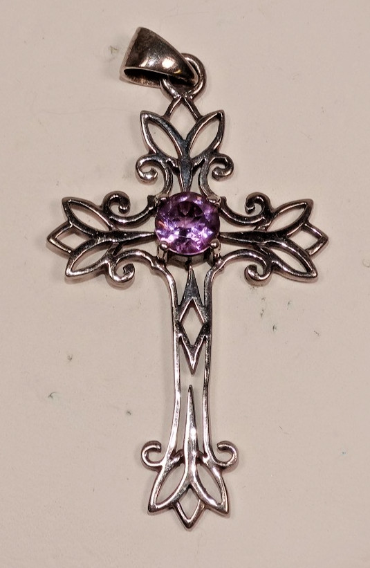 J100 BEAUTIFUL .925 STERLING SILVER & AMETHYST FILIGREE CROSS PENDANT 2″ LONG
