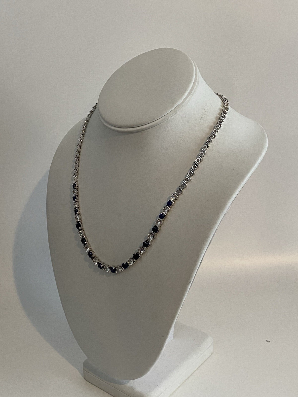 925 Sterling Silver Lab Created Blue & White Sapphire Tennis Necklace Signed EMA