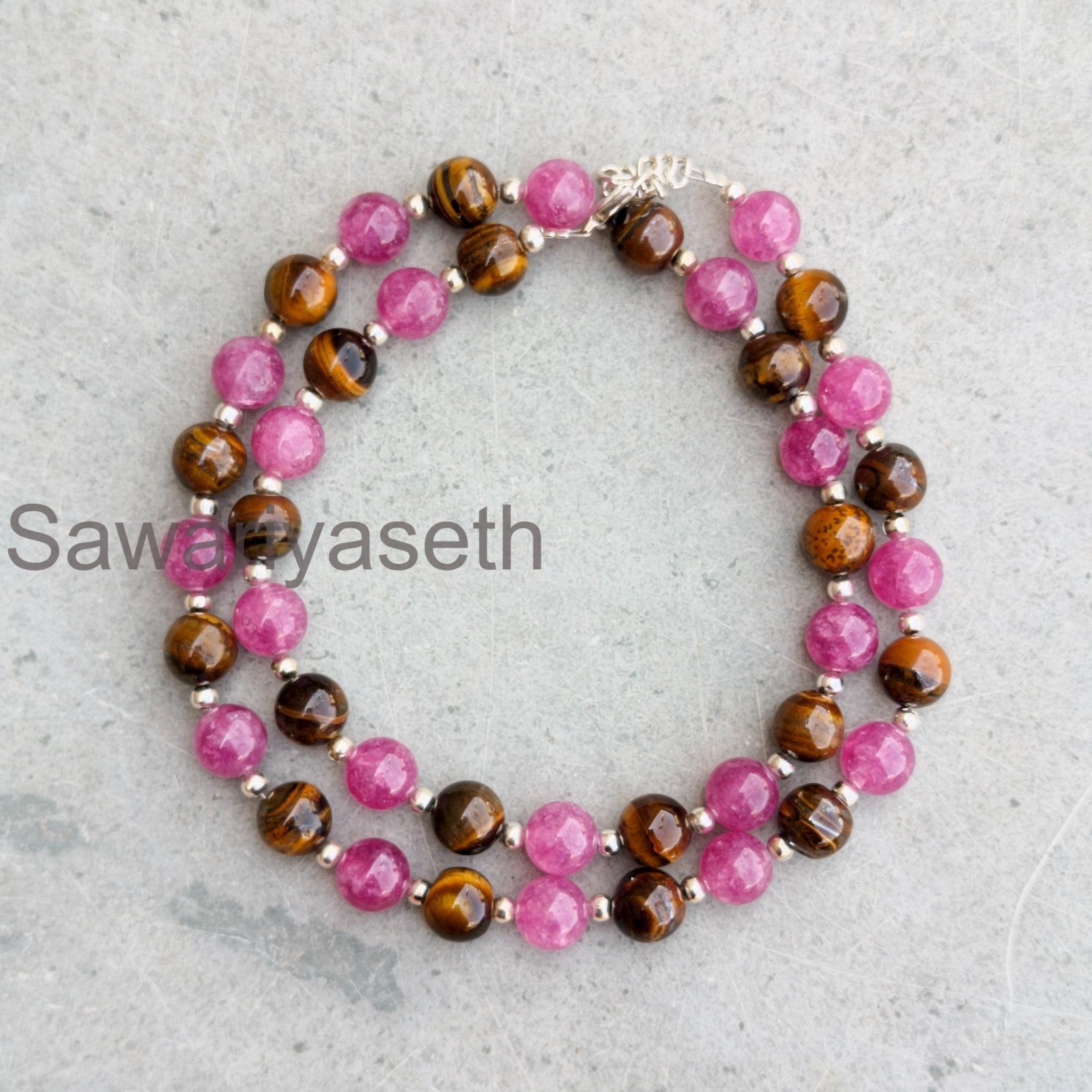 Tiger’s Eye Tourmaline 8mm Round Gemstone Necklace, Boho Sterling Silver Clasp