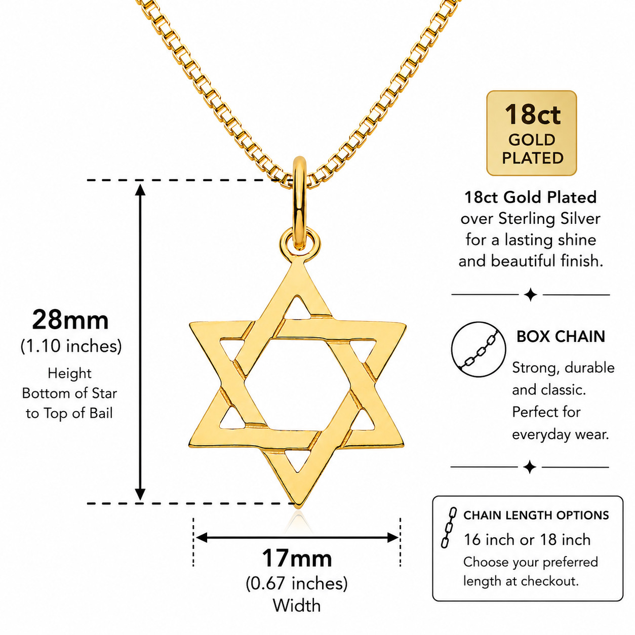 18ct Gold Plated 925 Sterling Silver Star of David Pendant 16/18 Chain
