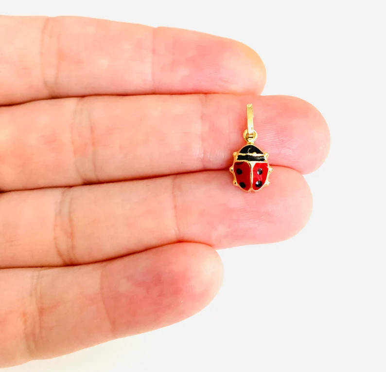 14K Gold Ladybug 17mm x 8mm, Small Enamel Ladybug Charm Pendant- PT505