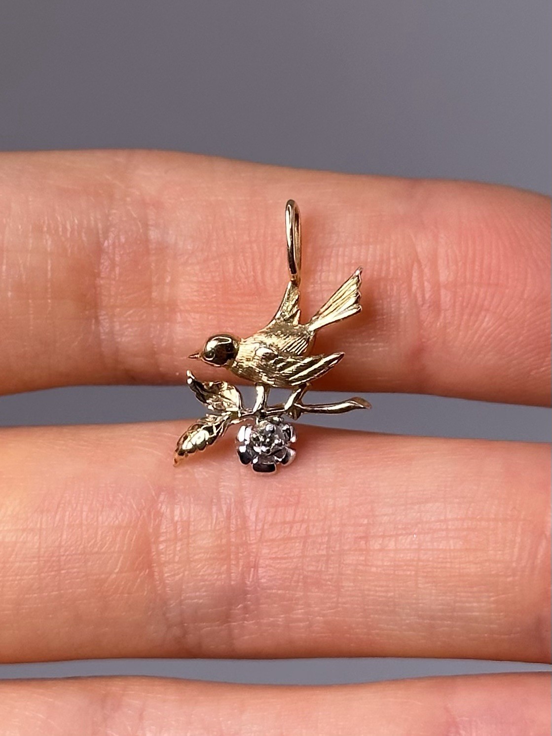 10K Two-Tone Gold Bird on Branch Pendant Floral Nature Charm