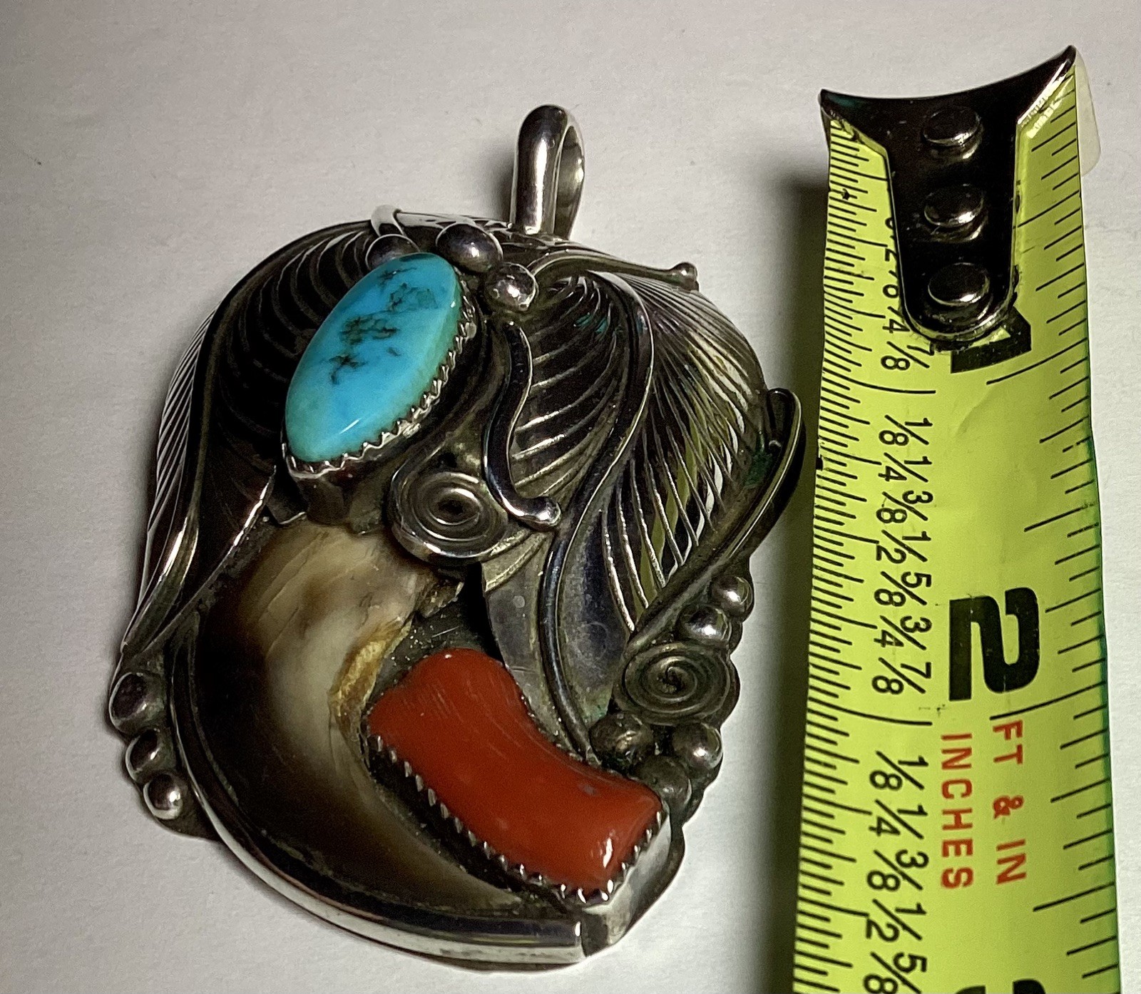 Vintage Navajo Sterling silver Natural Turquoise Red Coral Pendant signed