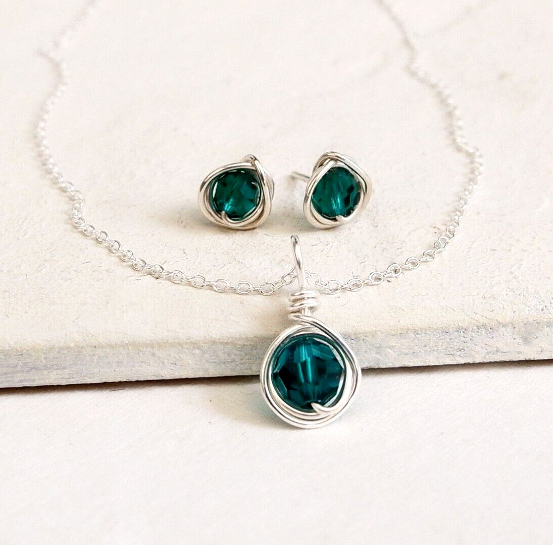 Emerald Crystal Necklace Set Sterling Silver May Birthstone Handmade Gift Box