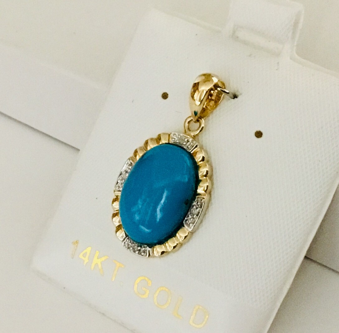 Solid 14K Yellow Gold Natural Turquoise & Diamonds Pendants For Necklace NEW