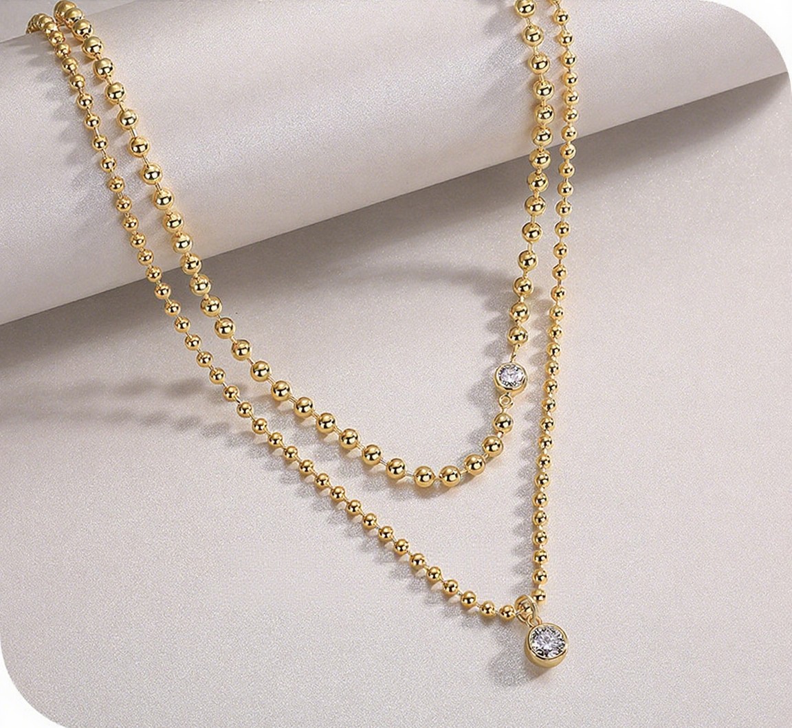 1.5CT Round Cut Moissanite Ball Bead Chain Necklace 14K Gold Plated for Women