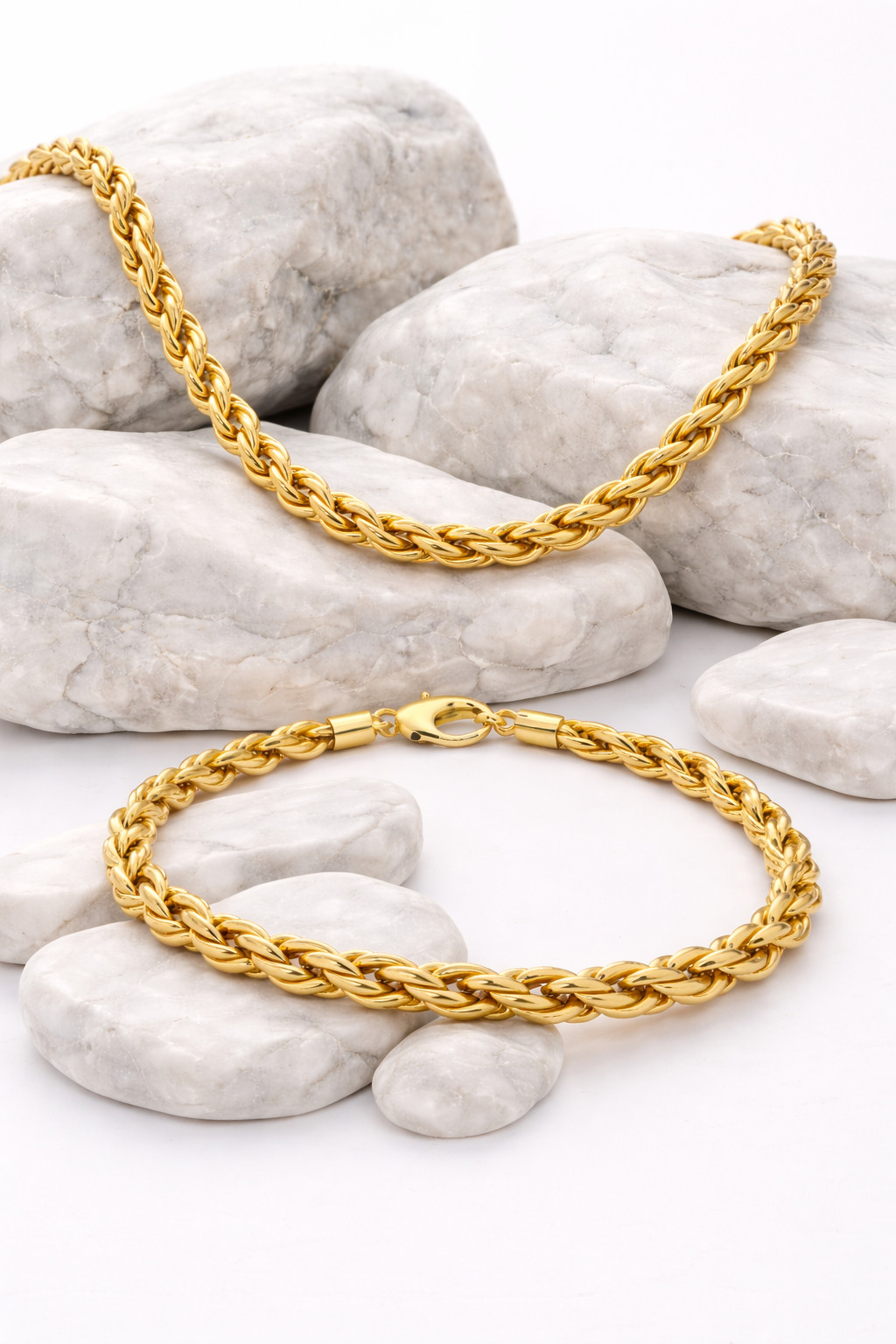Italian 1/200 14k Yellow Gold Overlay Rope Chain Necklace Bracelet Set Cadena