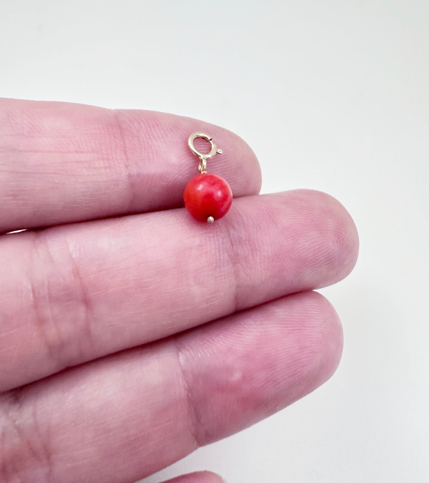 14K Solid Yellow Gold Small Round Red-Orange Coral Charm Pendant w/Spring Clasp