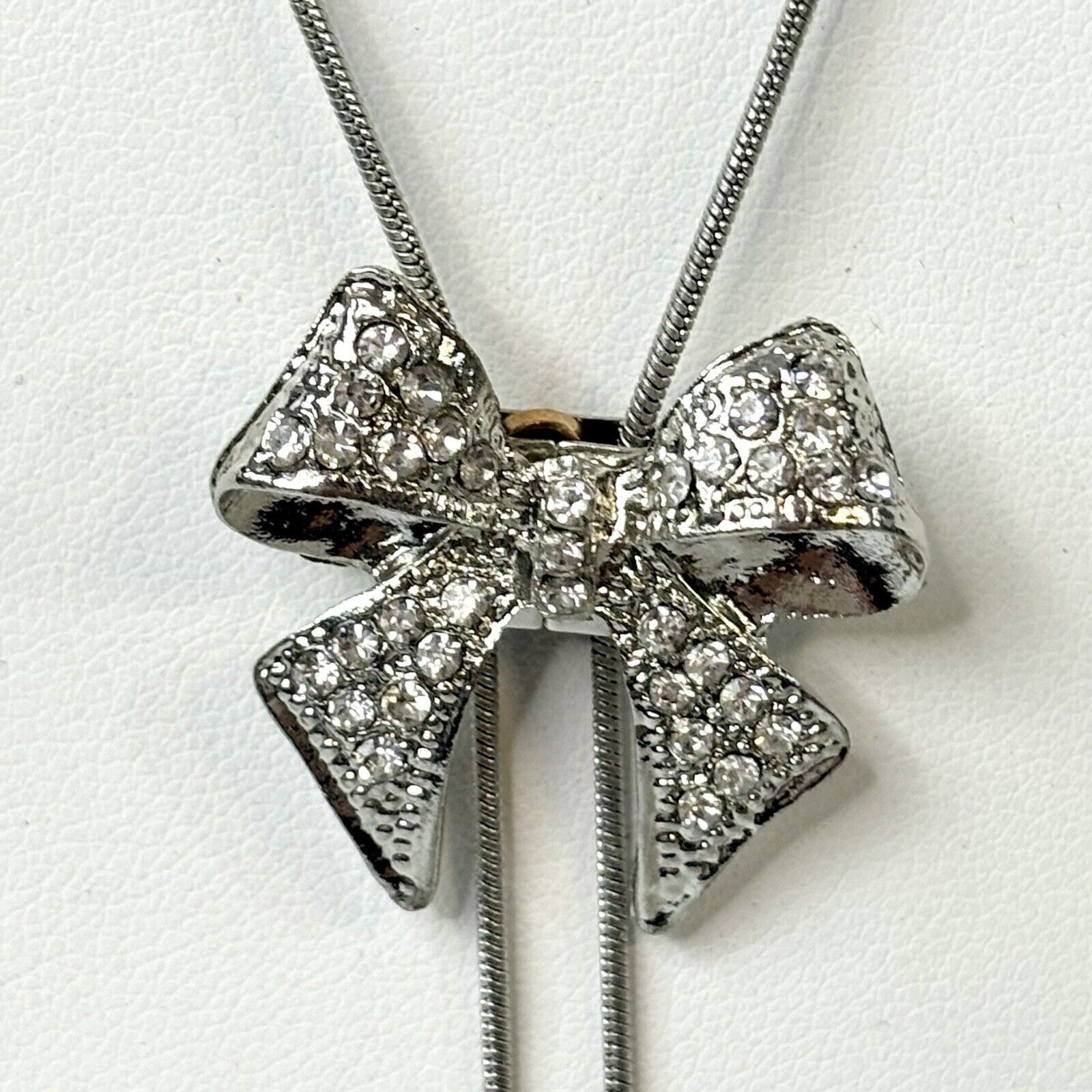 Vintage Silver Tone Bow Rhinestone Bolo Slider Lariat Necklace Western Glam