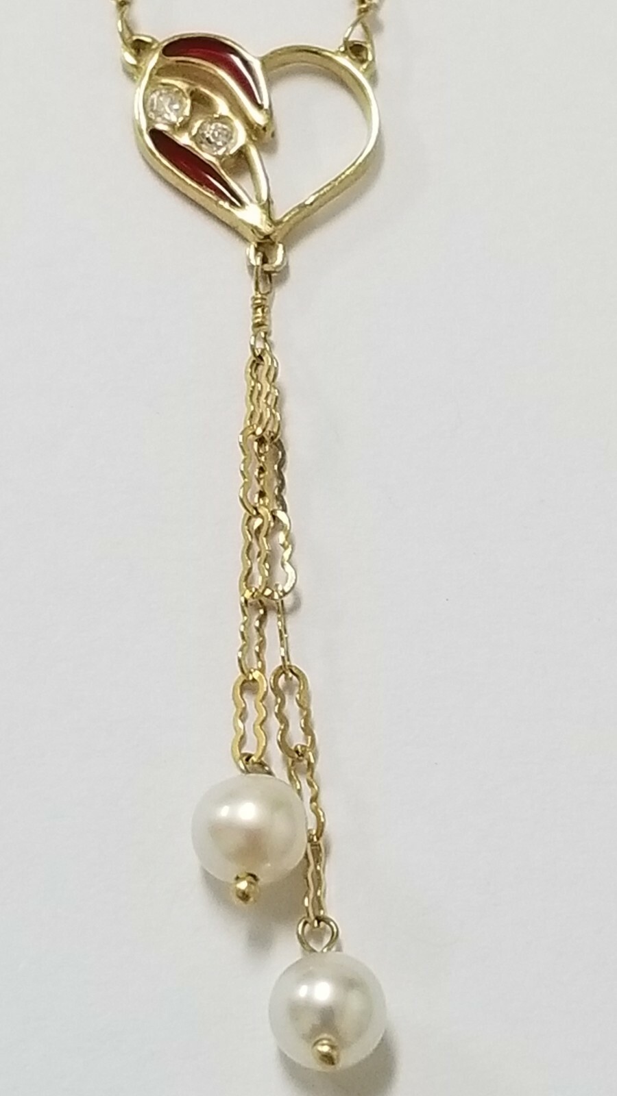 Heart Lariat Necklace With Pearls, 14k Yellow Gold Red Enamel, CZ’S, 16″ Long