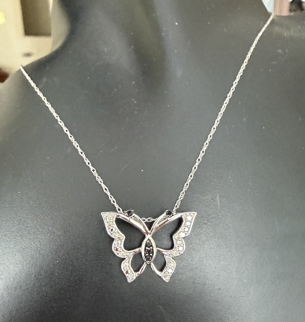 10K White Gold Black & White Diamond Butterfly Pendant & 10k Necklace
