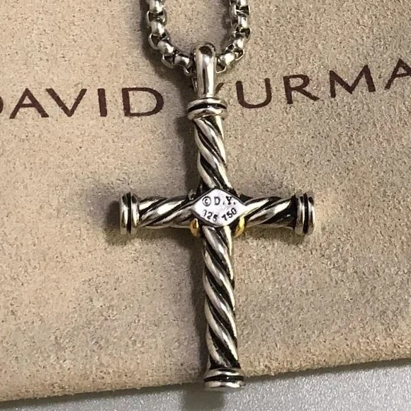 David Yurman Sterling Silver + 14k Gold Cross Pendant, DY 18-20” Necklace