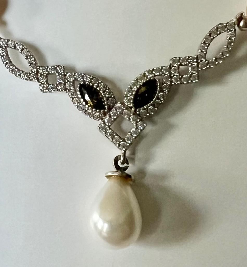 REAL PERIDOT Pearl SAPPHIRE 14K W Gold on SOLID 925 Drop Necklace PINK Victorian