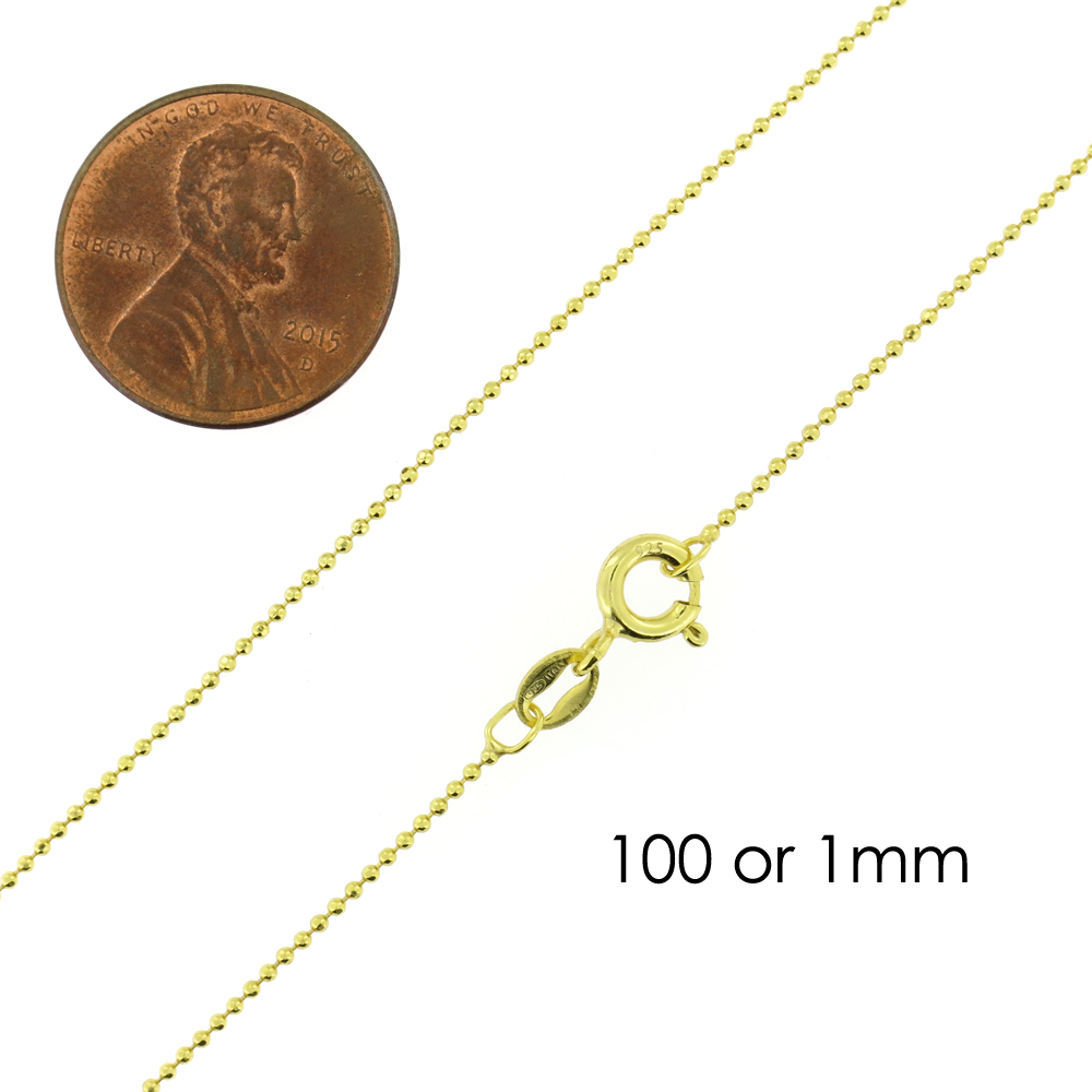 925 Sterling Silver Gold-Plated Ball Bead Diamond Cut 1mm Chain Necklace